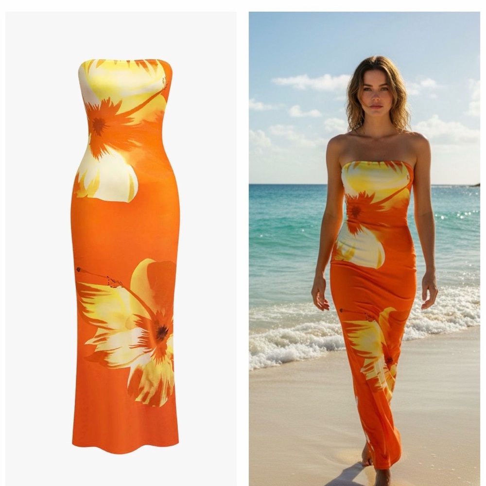 Micas Sunny Floral Cascade Strapless Midi Dress